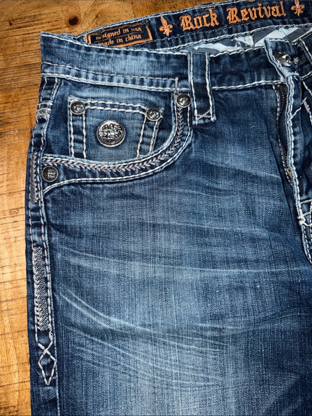 Rock Revival Slim Straight Men’s Jeans in Distressed Blue Denim - Picture 3 of 8